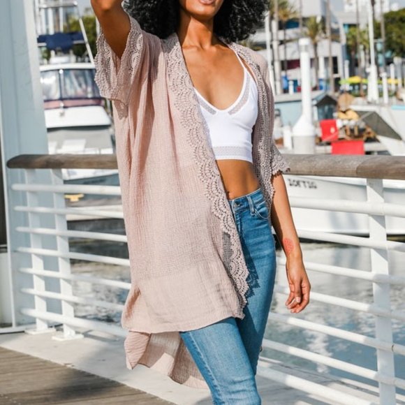 STELLA Scallop Lace Trim Kimono in Mocha - Picture 3 of 5